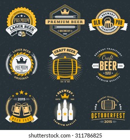 Set of Retro Vintage Beer Badges, Labels, Logos on Dark Background. Vector Illustration