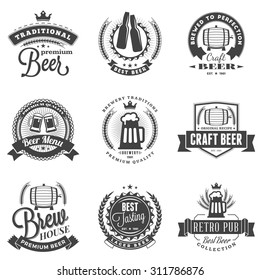 Set of Retro Vintage Beer Badges, Labels, Logos. Black and White Vector Illustration