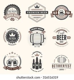 Set of Retro Vintage Beer Badges, Labels, Logos in Brown Colors on Light Background. Vector Illustration