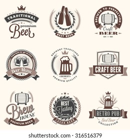 Set of Retro Vintage Beer Badges, Labels, Logos in Brown Colors on Light Background. Vector Illustration