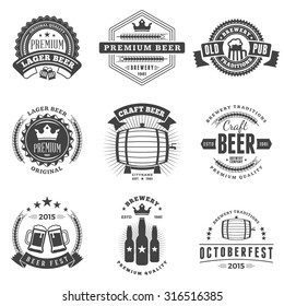 Set of Retro Vintage Beer Badges, Labels, Logos. Black and White Vector Illustration