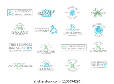 Set of retro vintage car service and auto repair logo or insignia, emblems, labels and badges and other branding objects. Vector line style