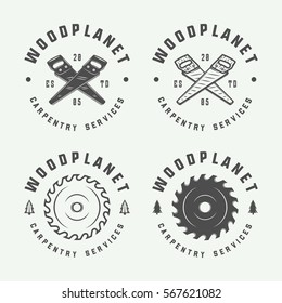 Set of retro vintage carpentry, woodworks and mechanic labels, badges, emblems and logo. Vector illustration. Monochrome Graphic Art.