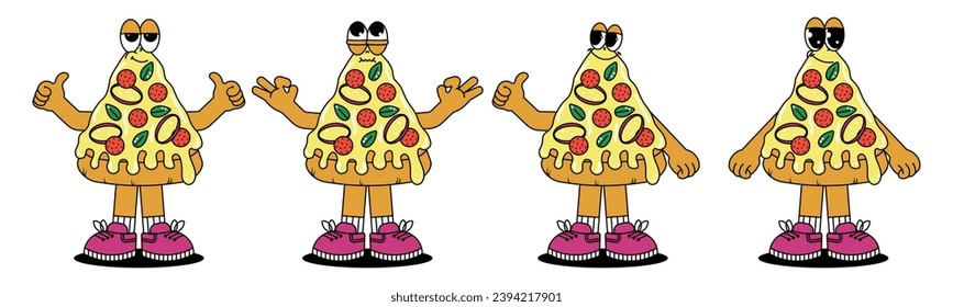 Set Retro vintage cartoon characters Pizza. Cute mascot with psychedelic smile and emotion. Funky vector illustration in groovy style