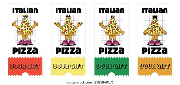 Set of Retro vintage cartoon Gift Voucher with characters Pizza. Cute mascot with psychedelic smile and emotion. Funky vector illustration in groovy style