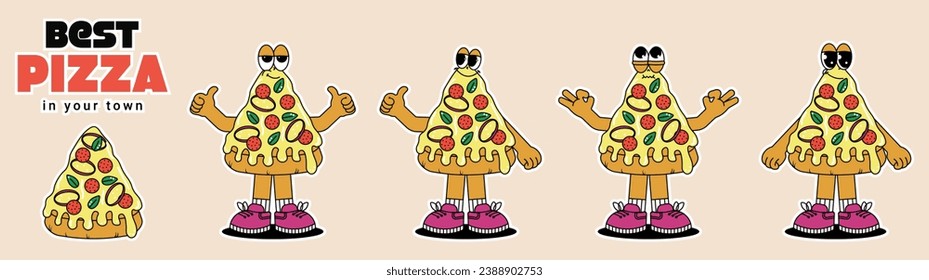 Set of Retro vintage cartoon stickers characters Pizza. Cute mascot with psychedelic smile and emotion. Funky vector illustration in groovy style
