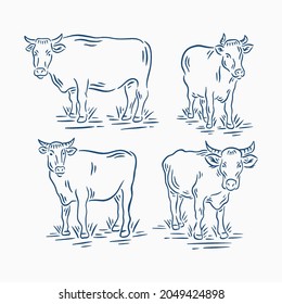 Set of Retro Vintage Cattle or Cow in Farm Illustration