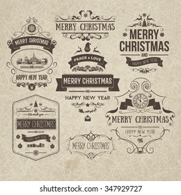 Set of retro vintage Christmas design elements, labels, emblems on old scratched paper. Badges and labels with merry christmas greetings. Great for decoration cards, backdrops, book covers