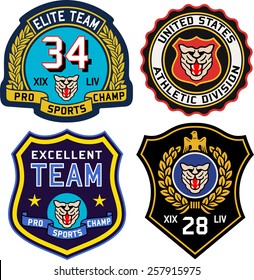 Set of retro vintage college sport badges and labels. Embroidery emblem template vector graphic.