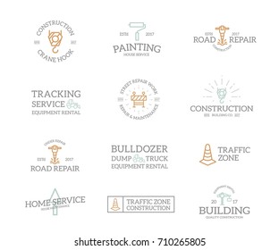 Set of retro vintage construction logo or insignia, emblems, labels and badges and other branding objects. Vector line style