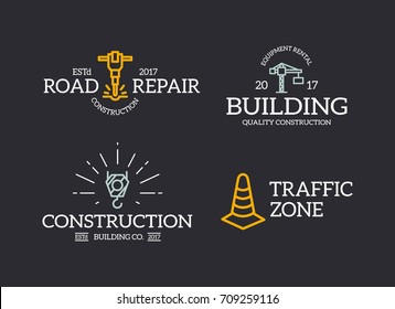 Set of retro vintage construction, traffic cone, crane hook, jackhammer logo or insignia, emblems, labels and badges and other branding objects. Vector line style