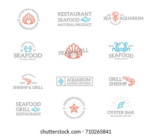 Set of retro vintage fish and seafood logo or insignia, emblems, labels and badges and other branding objects. Vector line style