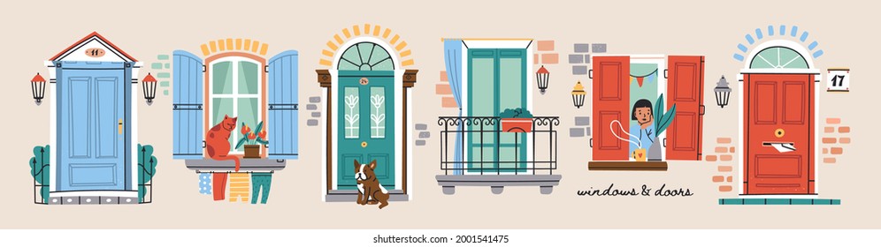 Set of retro vintage Front Doors and Windows, balcony, shutters. House Exterior. Home Entrance. Hand drawn colored Vector illustrations. All elements are isolated