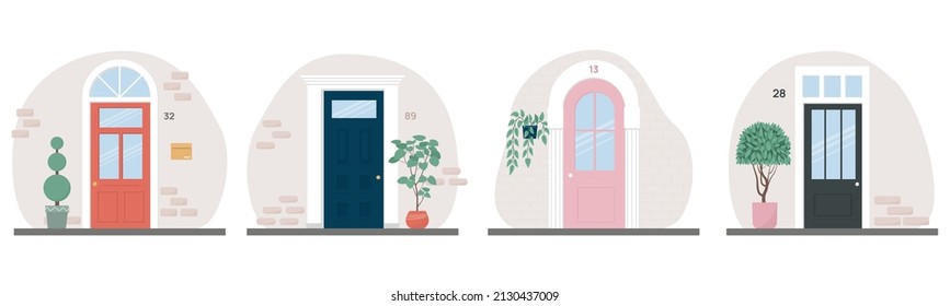 Set of retro vintage front doors. Vector illustration on white isolated background.