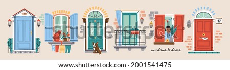 Set of retro vintage Front Doors and Windows, balcony, shutters. House Exterior. Home Entrance. Hand drawn colored Vector illustrations. All elements are isolated