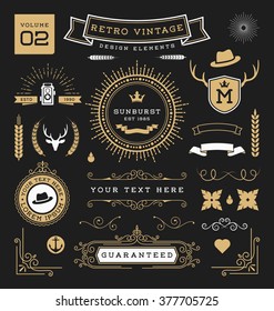 Set of retro vintage graphic design elements. Sign, frame labels, ribbons, logos symbols, crowns, flourish line and ornaments. Vector illustration