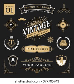 Set of retro vintage graphic design elements. Sign, frame labels, ribbons, logos symbols, crowns, flourish line and ornaments. Vector illustration