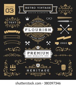 Set of retro vintage graphic design elements. Sign, frame labels, ribbons, logos symbols, crowns, flourishes line and ornaments. Vector illustration