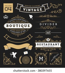 Set of retro vintage graphic design elements. Sign, frame labels, ribbons, logos symbols, crowns, flourish line and ornaments. Vector illustration