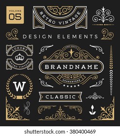 Set of retro vintage graphic design elements. Sign, frame labels, ribbons, logos symbols, crowns, flourishes line and ornaments. Vector illustration