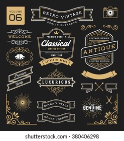 Set of retro vintage graphic design elements. Sign, frame labels, ribbons, logos symbols, crowns, corner, flourishes line and ornaments. Vector illustration