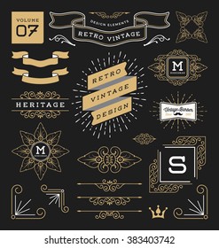 Set of retro vintage graphic design elements. Sign, frame labels, ribbons, logos symbols, crowns, corner, flourishes line and ornaments. Vector illustration