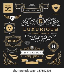 Set of retro vintage graphic design elements. Sign, frame labels, ribbons, logo symbols, crowns, flourishes line and ornaments. Suitable for Hotel, Restaurant, Invitation and more. Vector illustration