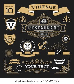 Set of retro vintage graphic design elements. Sign, frame labels, ribbons, logo symbols, crowns, flourishes line and ornaments. Suitable for Hotel, Restaurant, Invitation and more. Vector illustration