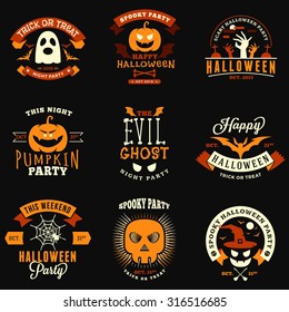 Set of Retro Vintage Halloween Badges, Labels. Halloween Night Party. Vector Illustration