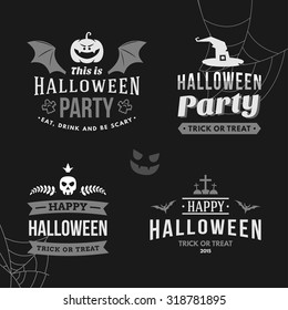 Set of Retro Vintage Halloween Badges. Black and White Vector Illustration