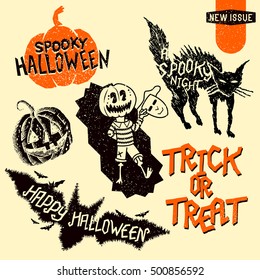 Set of retro vintage halloween design elements including signs, lettering and hand drawn characters. Vector illustration