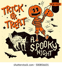 Set of retro vintage halloween design elements including signs, lettering and hand drawn characters. Vector illustration