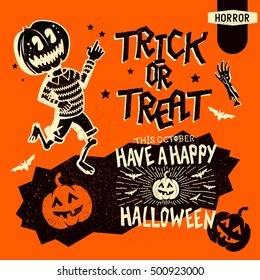 Set of retro vintage halloween design elements including signs, lettering and hand drawn characters. Vector illustration