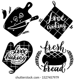 Set of retro vintage hand drawn badges, labels and logos, elements and symbols for a restaurant menu, cafe, home cooking. Silhouette vector drawing of kitchen objects with writing Love cooking, baking