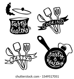 Set of retro vintage hand drawn badges, labels and logos, elements and symbols for a restaurant menu, cafe, home cooking. Silhouette vector drawing of kitchen objects with writing tasty and healthy.