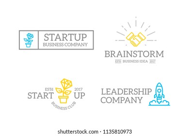 Set of retro vintage handshake, brain, plant growth, rocket logo or insignia, emblems, labels and badges and other branding objects. Vector line style