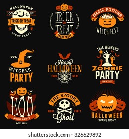 Set of Retro Vintage Happy Halloween Badges, Stickers, Labels. Design Elements for Greetings Card or Party Flyer. Vector Illustration