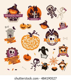 Set of Retro Vintage Happy Halloween Badges, Stickers, Labels. Design Elements for Greetings Card or Party Flyer. Vector Illustration