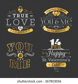 Set Of Retro Vintage Happy Valentines Day Badges and Labels. Typography Design Template with Golden and Gray Colors. Design Elements for Greeting Cards or Posters