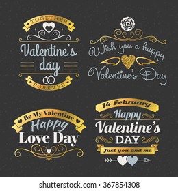 Set Of Retro Vintage Happy Valentines Day Badges and Labels. Typography Design Template with Golden and Gray Colors. Design Elements for Greeting Cards or Posters