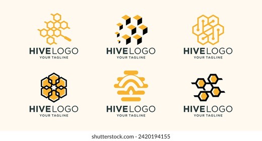 Set of retro vintage honey and bee logo template, honeycomb, hive logo branding objects set collection.