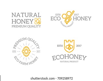 Set of retro vintage honey and shield with a bee, honeycomb, hive logo or insignia, emblems, labels and badges and other branding objects. Vector line style