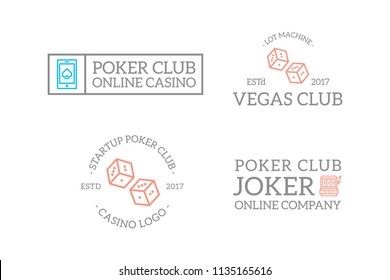 Set of retro vintage jackpot slot machine, dice, online casino logo or insignia, emblems, labels and badges and other branding objects. Vector line style