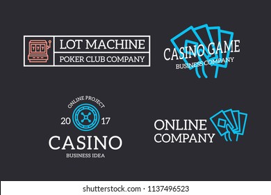 Set of retro vintage jackpot slot machine, roulette, game cards, fortune wheel logo or insignia, emblems, labels and badges and other branding objects. Vector line style