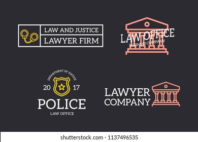Set of retro vintage judge, sheriff star badge, handcuffs, column logo or insignia, emblems, labels and badges and other branding objects. Vector line style