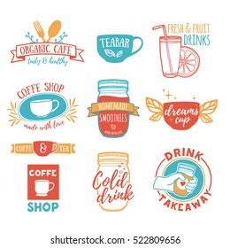 Set retro vintage logos for coffee shop, tea bar. Logo with juice, smoothies and a cup of tea. Symbol, label, badge for store with drinks. Silhouettes of utensils for the cafe, bistro. Vector. 