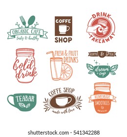 Set retro vintage logos for coffee shop, tea bar. Logo with juice, smoothies and a cup of tea. Symbol, label, badge for store with drinks. Silhouettes of utensils for the cafe, bistro. Vector. 