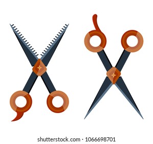 Set retro vintage metal dark wood gold luxury scissors hairdresser for hairstyle grooming pet vet dog cat female male barbershop beauty salon Modern flat vector illustration icons Isolated on white