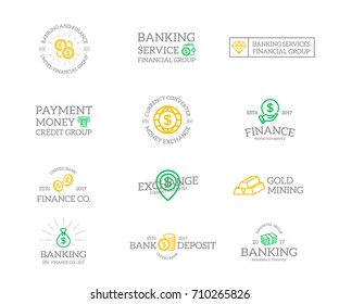 Set of retro vintage money and bank logo or insignia, emblems, labels and badges and other branding objects. Vector line style