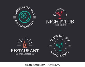 Set of retro vintage night club, billiard, cocktail, disco logo or insignia, emblems, labels and badges and other branding objects. Vector line style